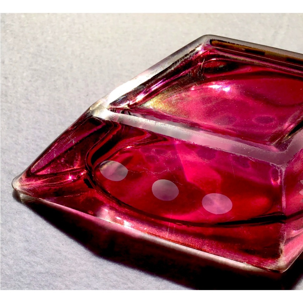 Ruby, red diamond etched glass ashtray from the 50s